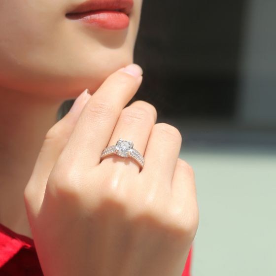 woman wearing eternal mirage moissanite ring