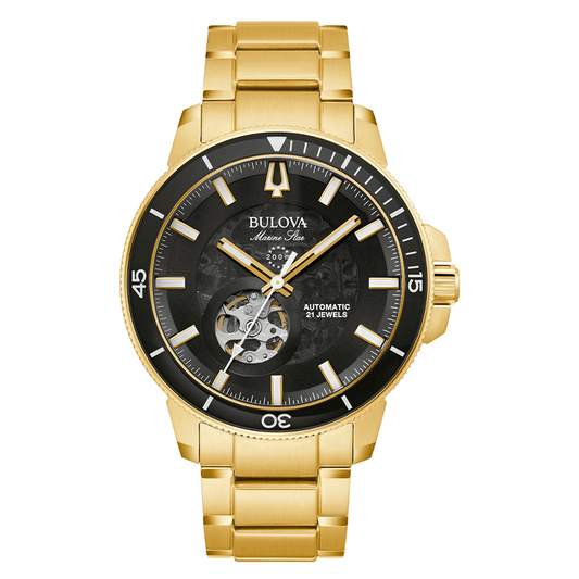 Bulova Marine Star Gold Tone Stainless Steel Black Dial Automatic Diver's Watch 97A174 200M