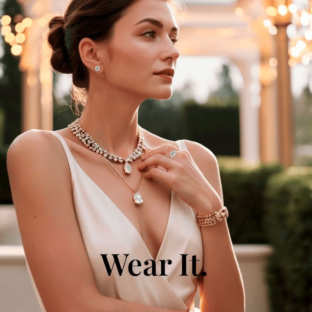 Elegantly dressed woman wearing a moissanite necklace, earrings, bracelet, and ring, showcasing luxury jewelry